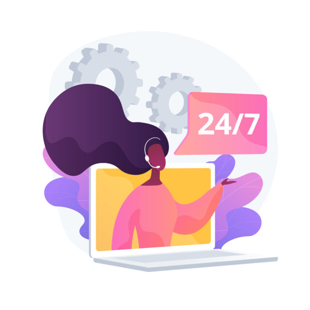 Noctidial technical support. Online assistant, user help, frequently asked questions. Call center worker cartoon character. Woman working at hotline. Vector isolated concept metaphor illustration